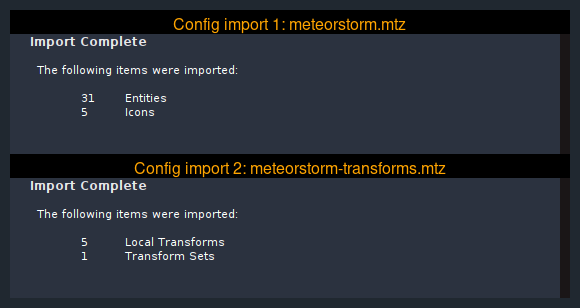 The two Import Complete pages: 31 entities and 5 icons from the ontology, then 5 local transforms and 1 transform set