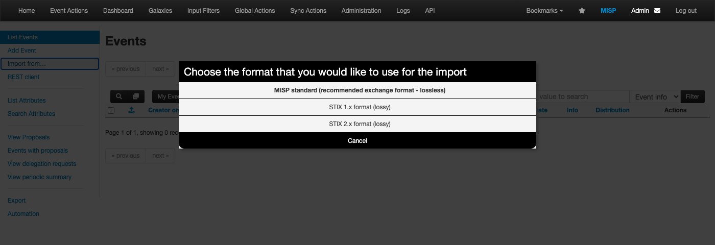 The import format choice, with MISP standard selected