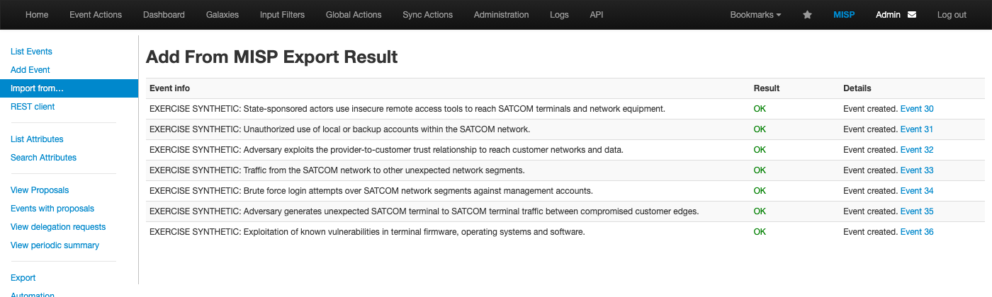 The import result page, one row per event, every row OK