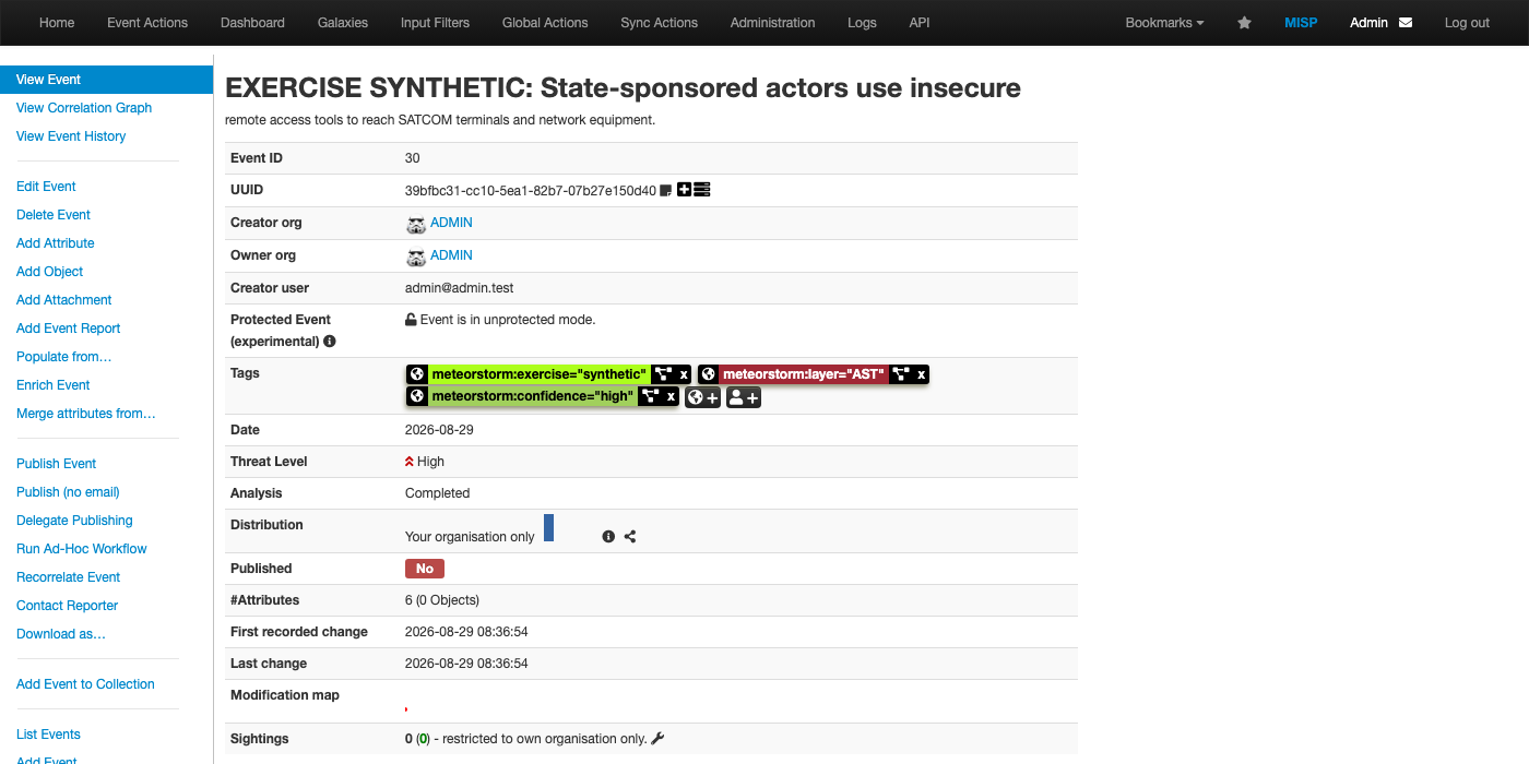 One event: its tags, threat level, distribution and attribute count
