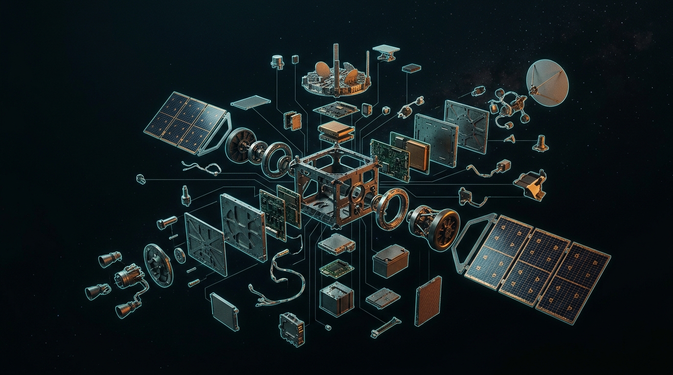 Exploded view of a satellite bus with components catalogued
