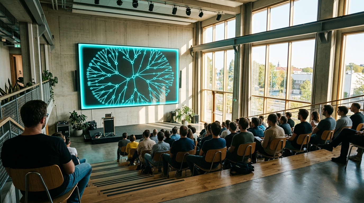 Open workshop space with a large taxonomy diagram on screen