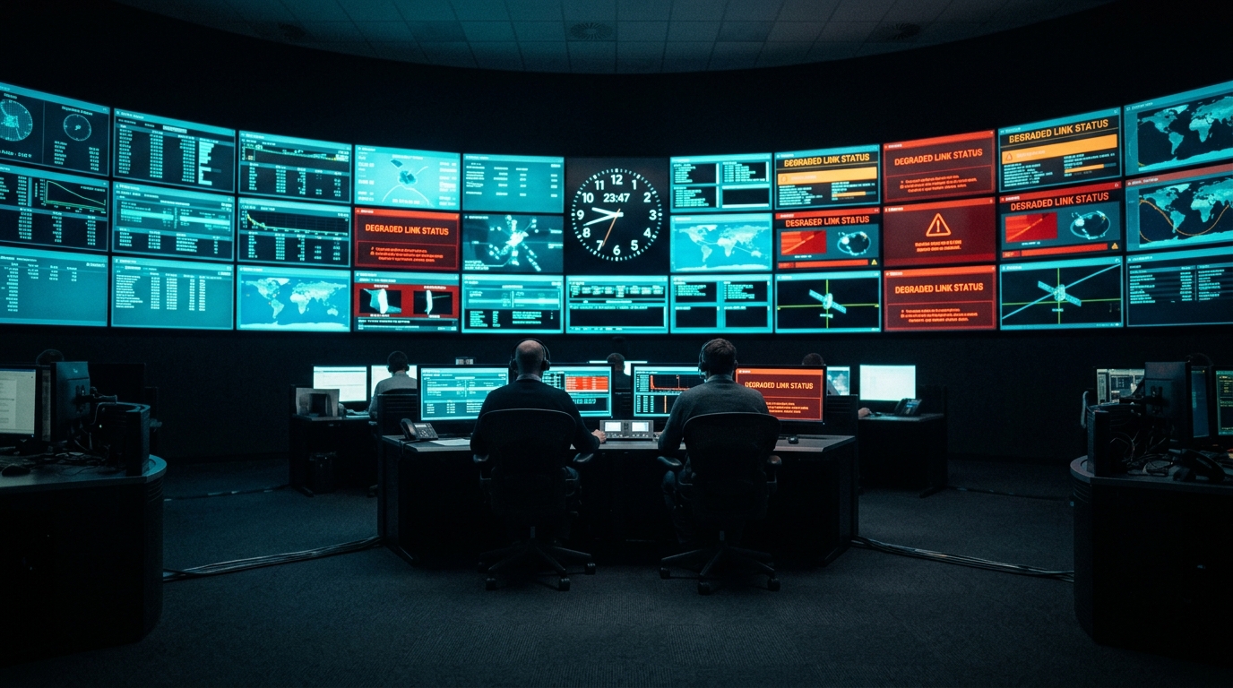 Satellite ground operations floor during a live incident