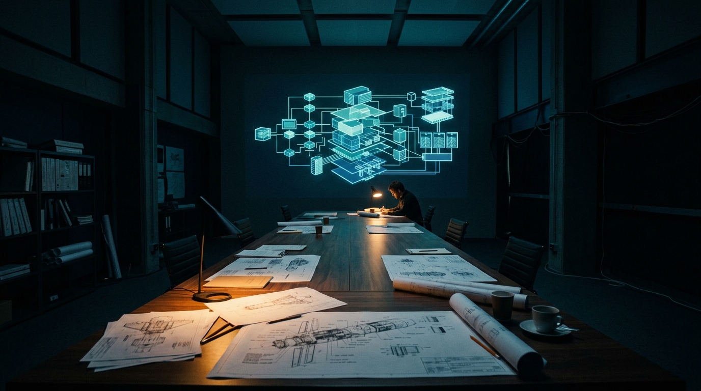 Technical standards drafting room with spacecraft architecture drawings