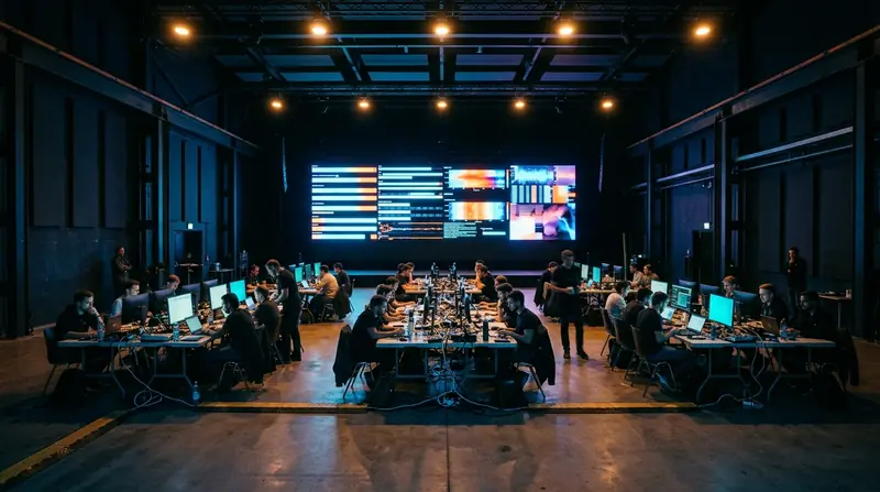 Cybersecurity exercise hall with five team tables