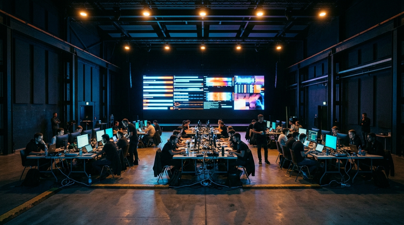 Cybersecurity exercise hall with five team tables