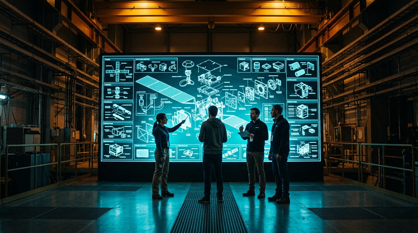 Engineers reading a full platform breakdown across wall displays
