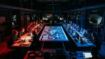 Red and blue team tables working the same platform diagram from opposite sides