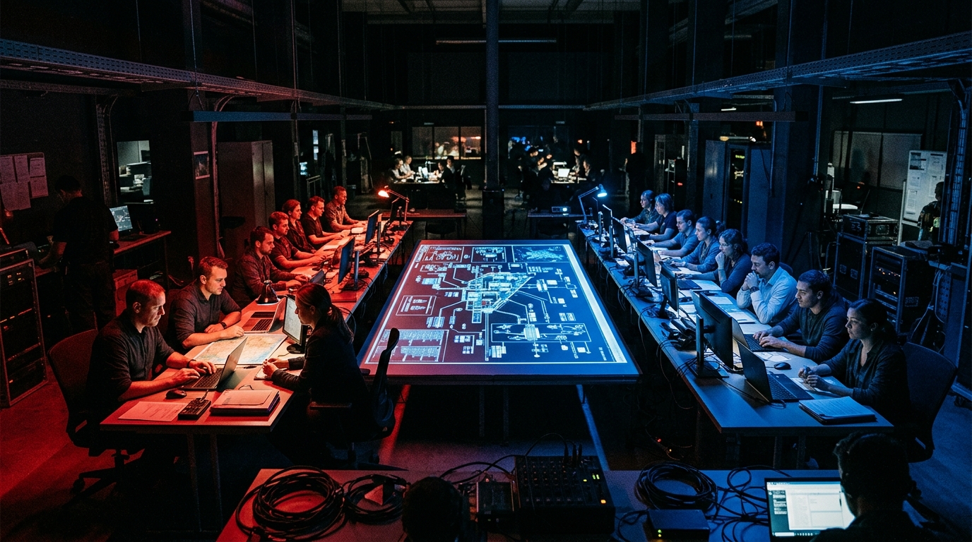 Red and blue team tables working the same platform diagram from opposite sides