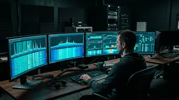 Analyst desk where radio frequency spectrum and network telemetry are read side by side