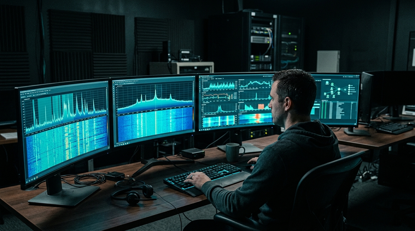 Analyst desk where radio frequency spectrum and network telemetry are read side by side