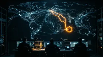 Attack paths traced across a ground segment map with one route ending in a decoy