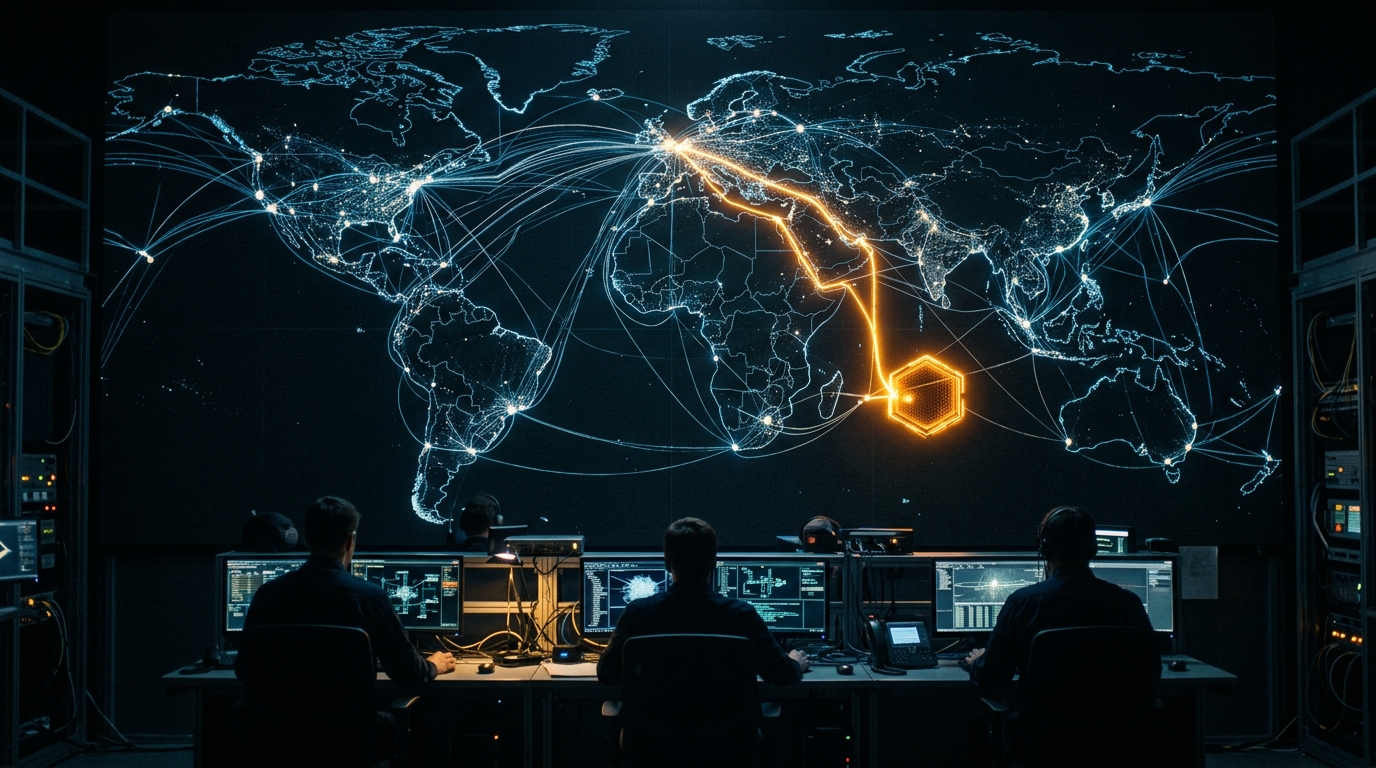 Attack paths traced across a ground segment map with one route ending in a decoy
