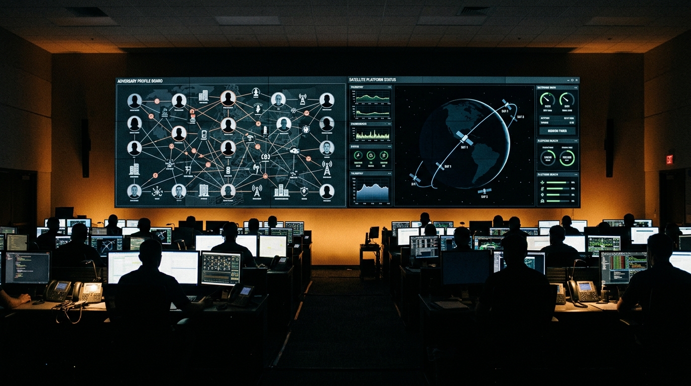 Mission operations floor tracking a named adversary profile against live platform status