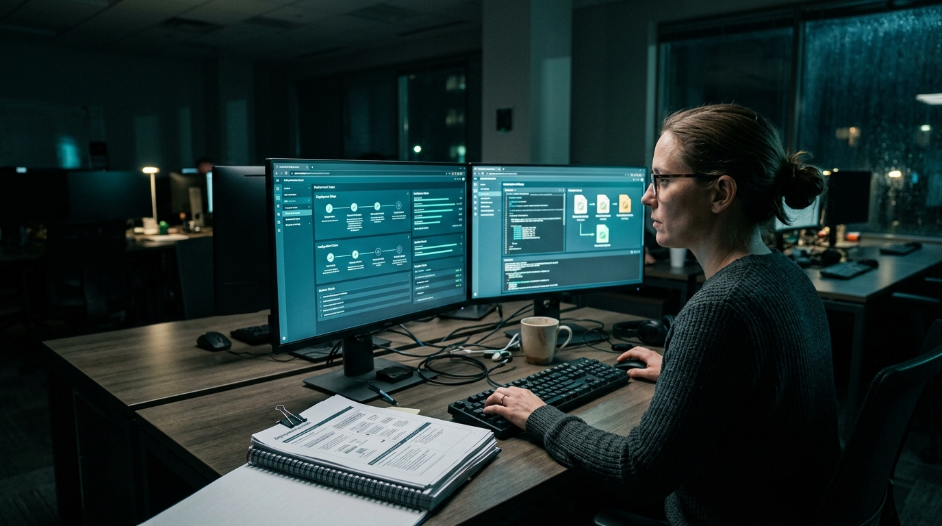 Engineer assembling exercise packages at a workstation the evening before