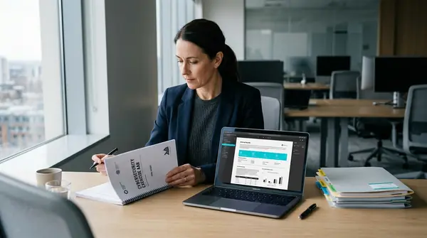Compliance lead reviewing a bound after-action report beside evidence folders