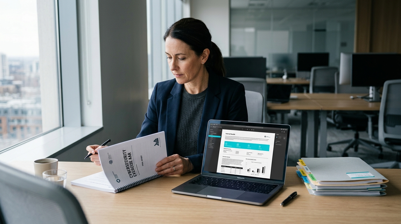 Compliance lead reviewing a bound after-action report beside evidence folders