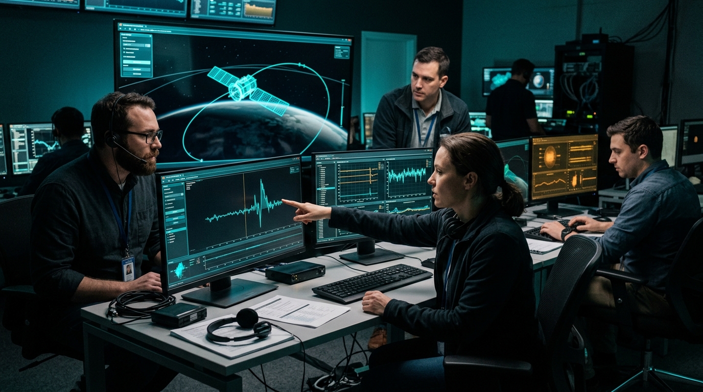 Team working a spacecraft digital twin during a scored simulation exercise