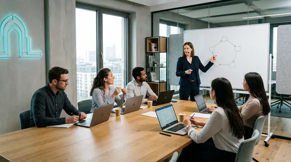 Instructor walking one team through a five-function diagram in a training room