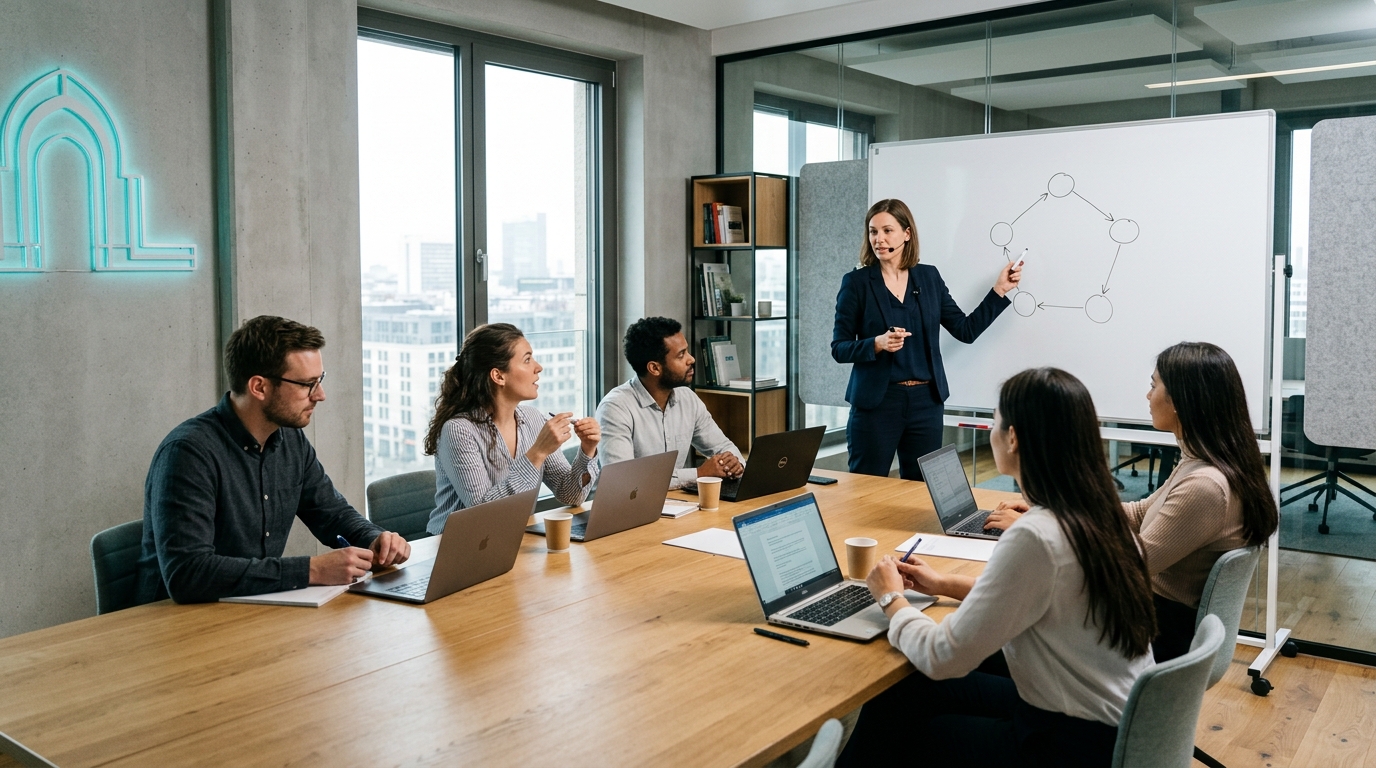 Instructor walking one team through a five-function diagram in a training room